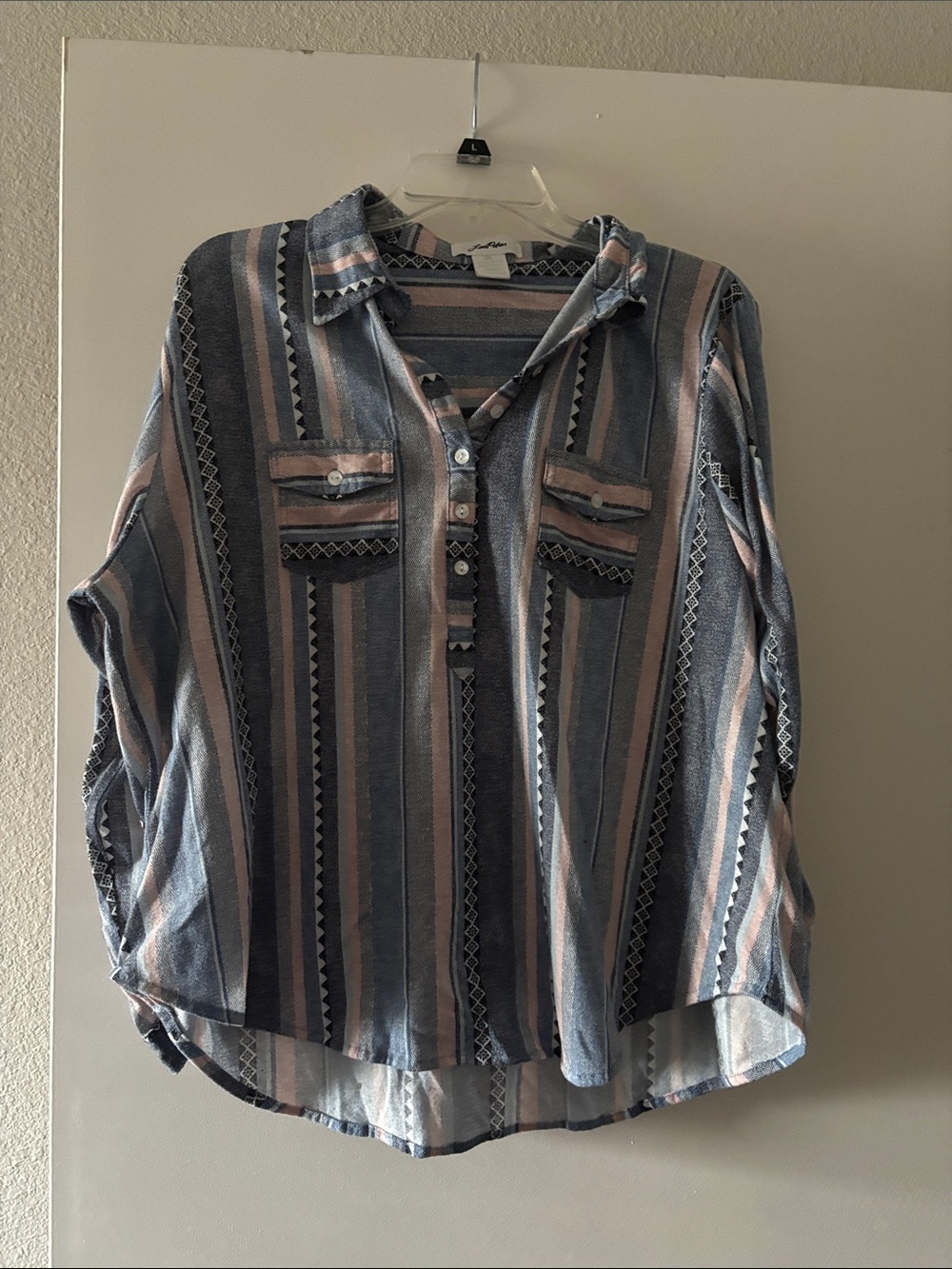 Relaxed Striped Button-Front Shirt in Blue and Pink